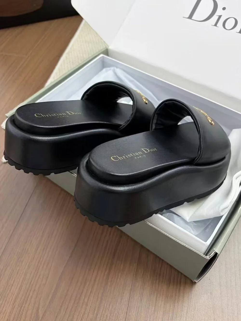 Christian Dior Black Calfskin Gold Logo Platform Slide Sandals